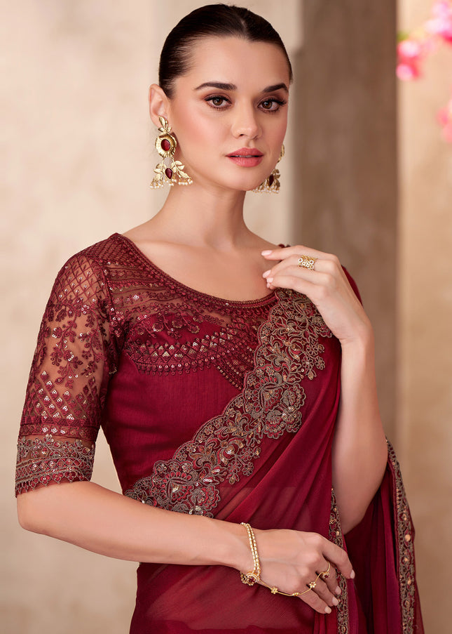 Maroon Embroidered Saree