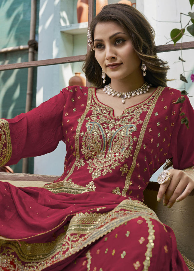 Red and Gold Embroidered Sharara Suit