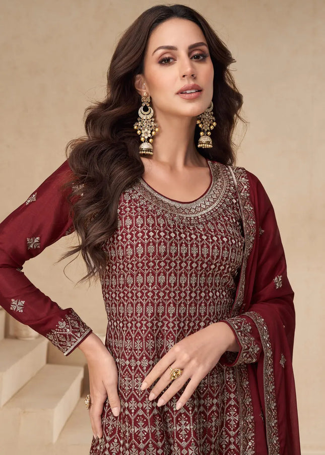 Maroon Embroidered Sharara Suit