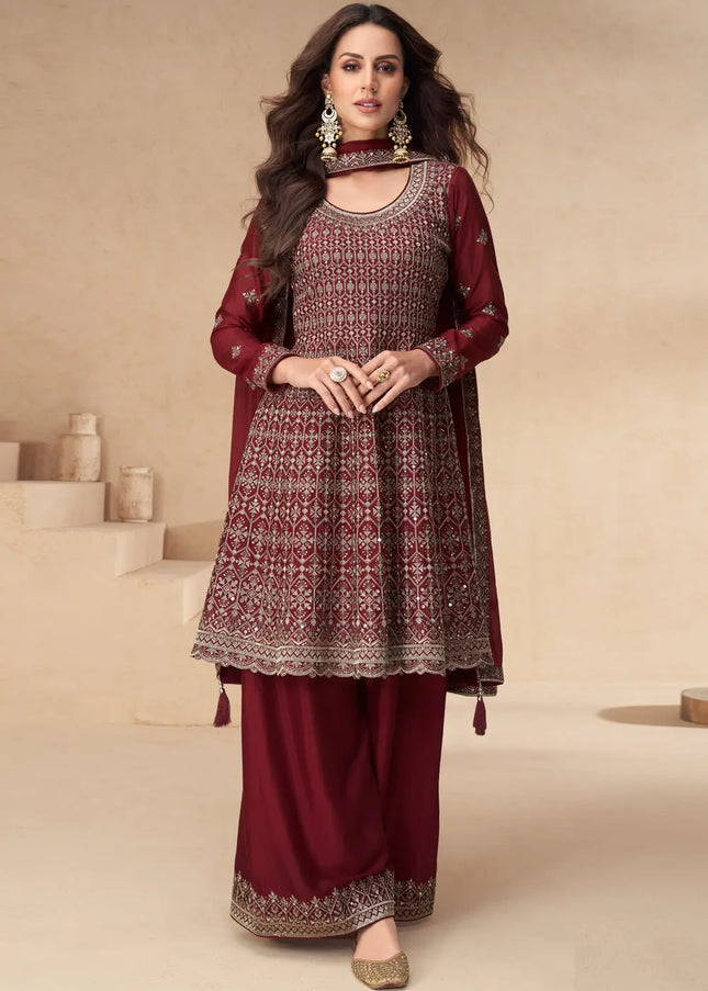 Maroon Embroidered Sharara Suit