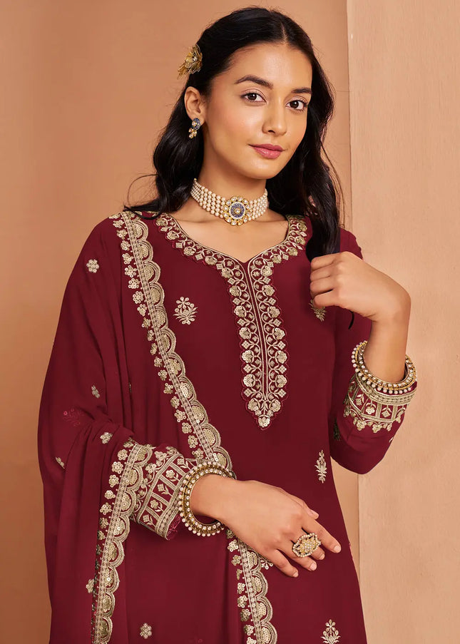 Maroon Embroidered Sharara Suit