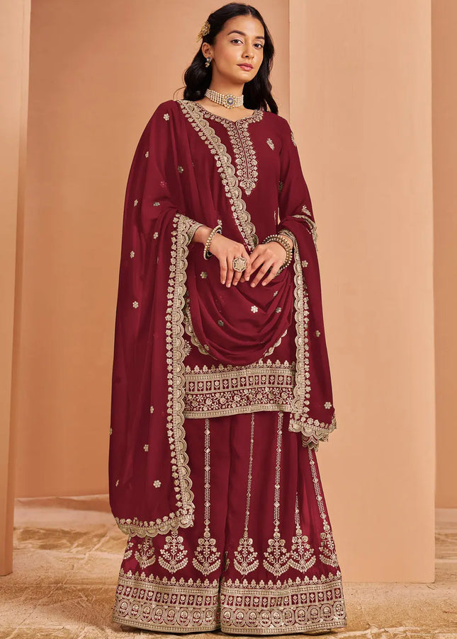 Maroon Embroidered Sharara Suit