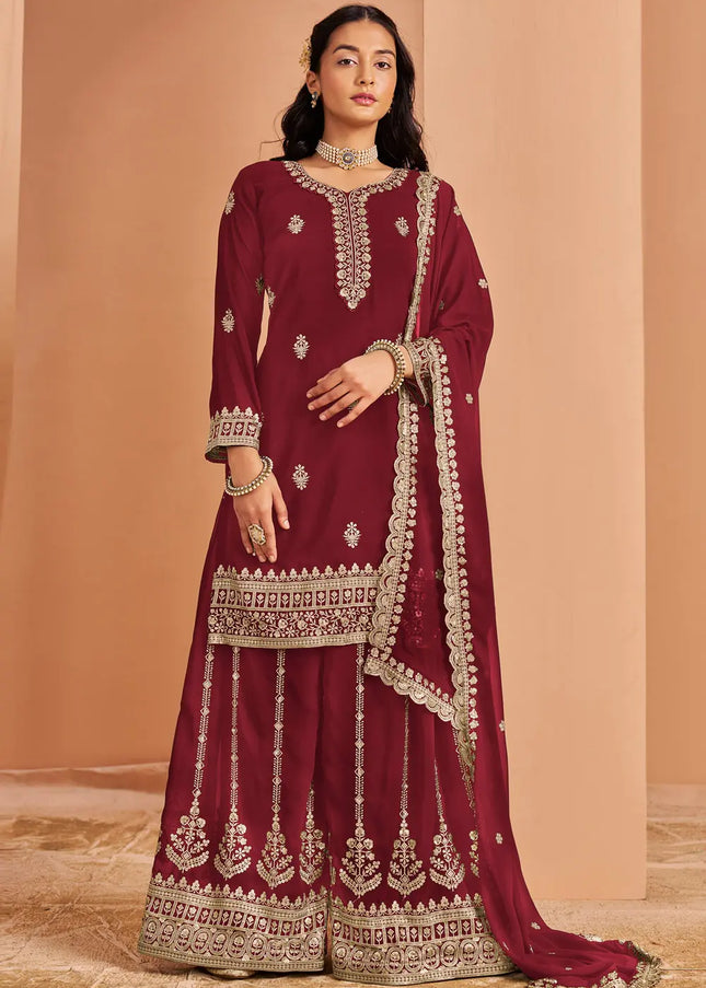 Maroon Embroidered Sharara Suit