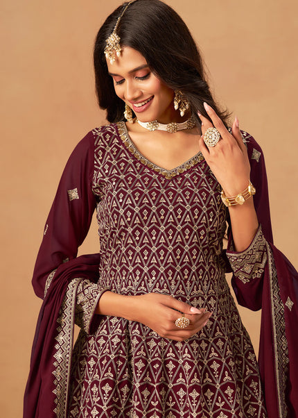 Maroon Embroidered Sharara Suit
