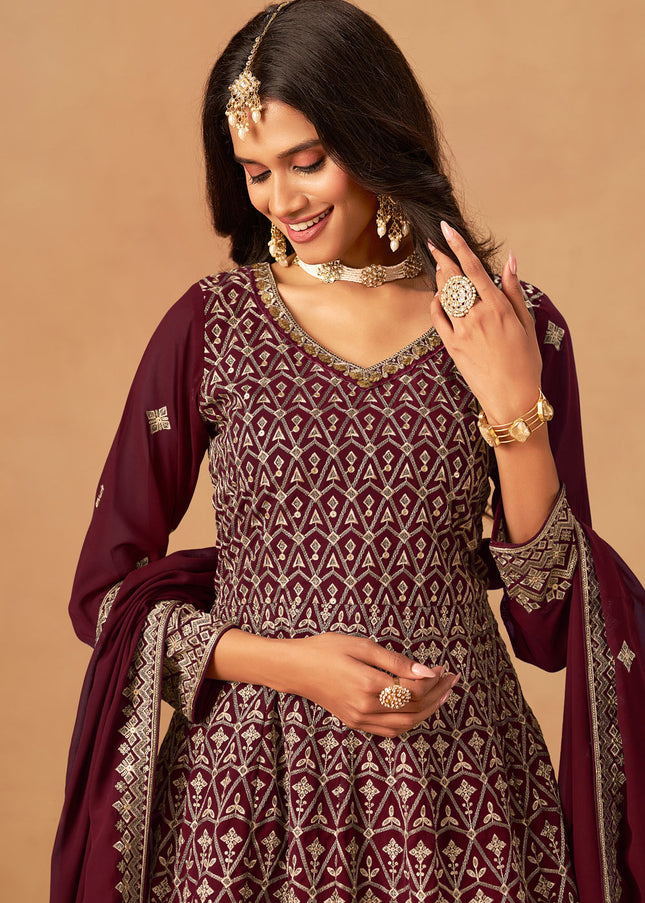 Maroon Embroidered Sharara Suit