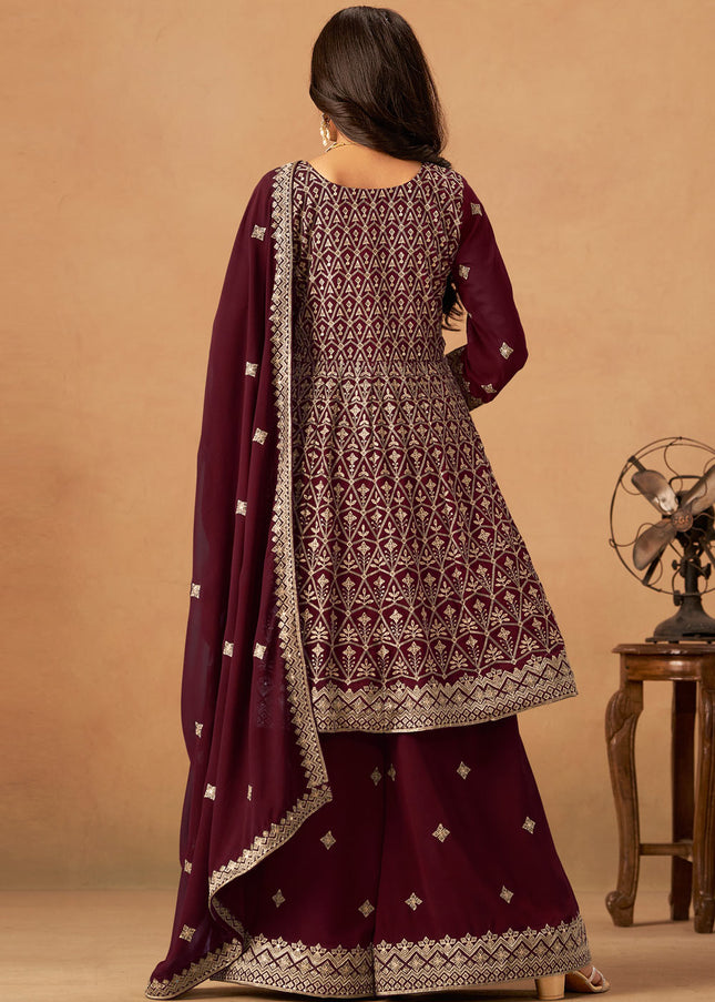 Maroon Embroidered Sharara Suit