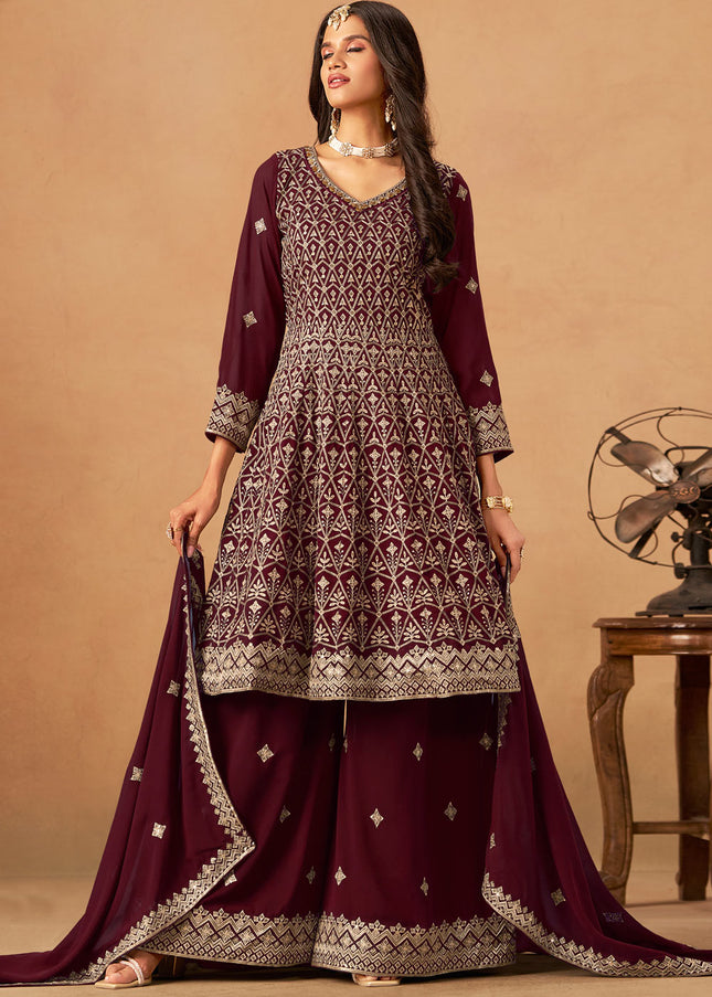 Maroon Embroidered Sharara Suit