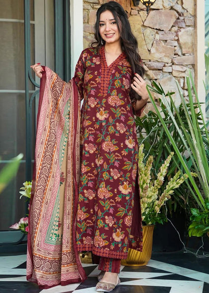 Maroon Printed Pant Style Suit