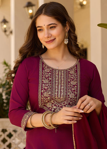 Maroon Embroidered Pant Style Suit