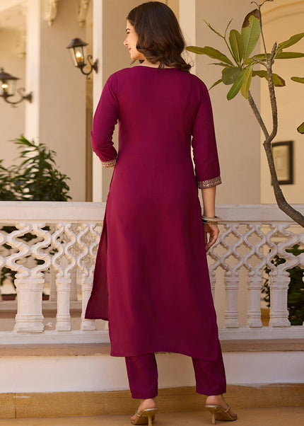 Maroon Embroidered Pant Style Suit