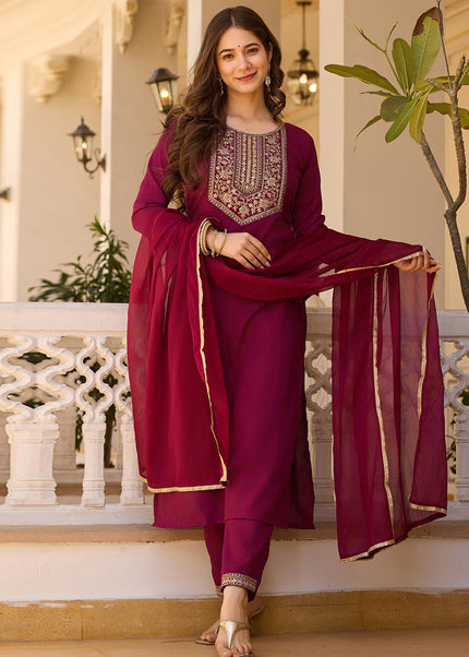 Maroon Embroidered Pant Style Suit