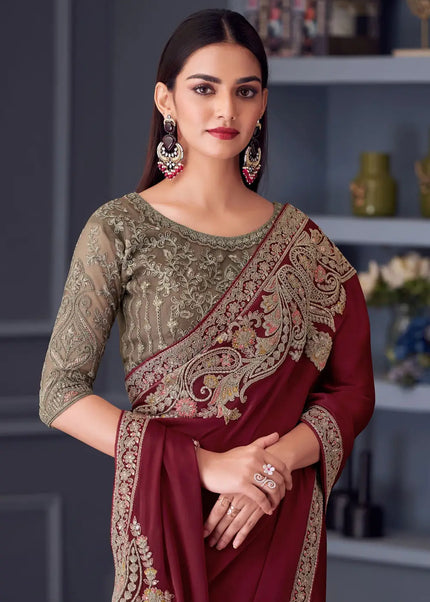 Maroon Embroidered Saree