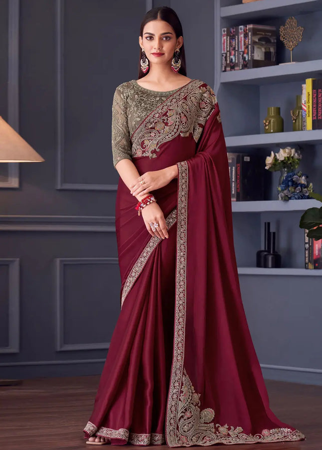 Maroon Embroidered Saree