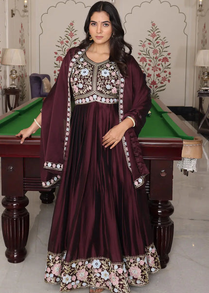 Maroon Embroidered Anarkali Gown