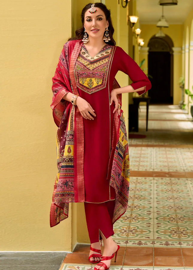 Maroon Printed and Embroidered Pant Suit