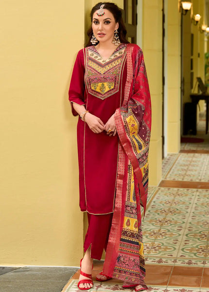 Maroon Printed and Embroidered Pant Suit