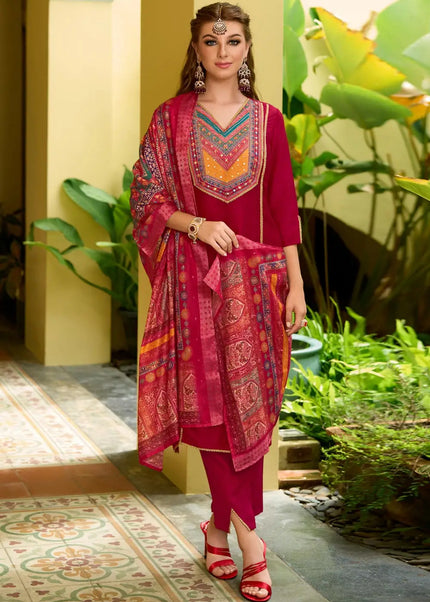 Maroon Printed and Embroidered Pant Suit