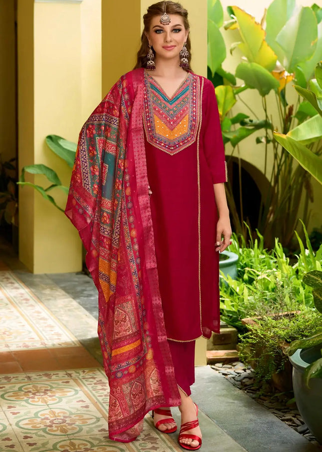 Maroon Printed and Embroidered Pant Suit