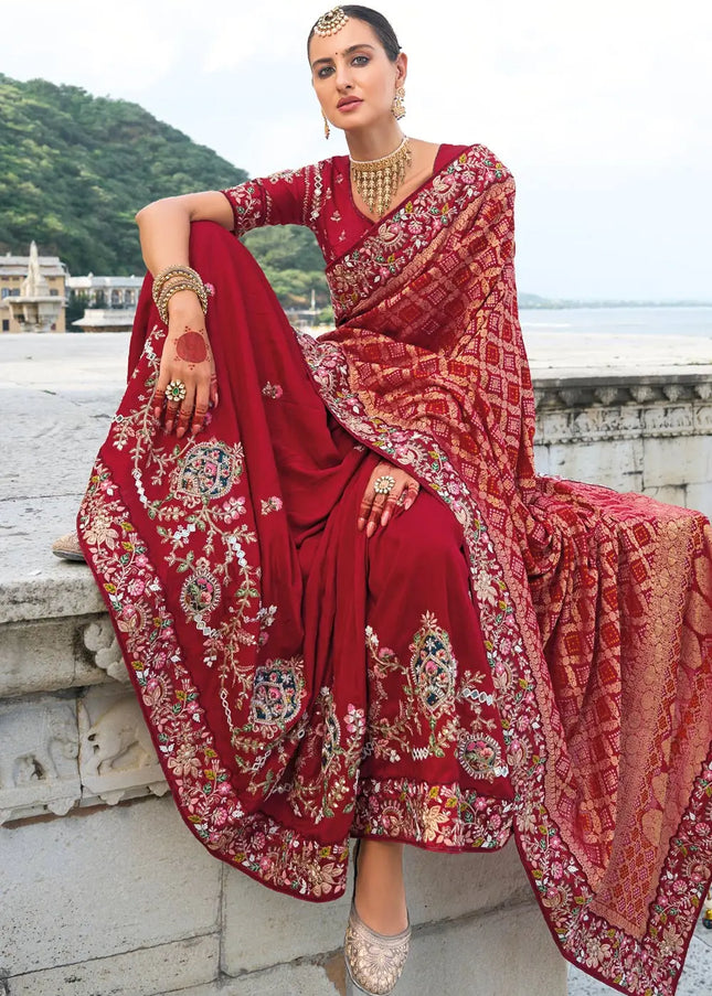 Maroon Embroidered Bandhej Saree