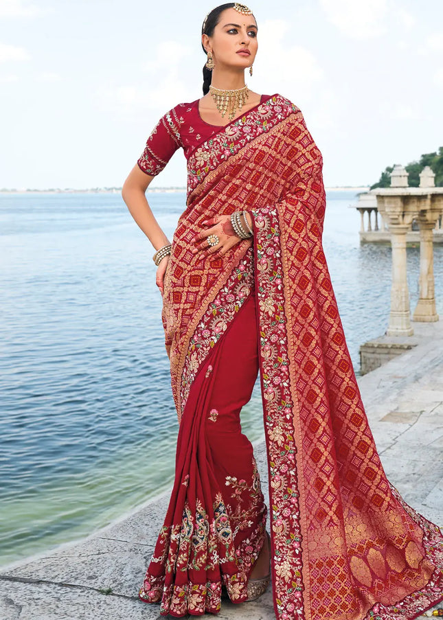 Maroon Embroidered Bandhej Saree