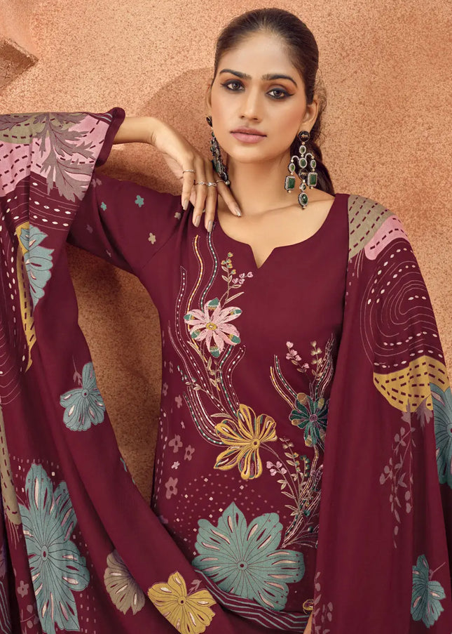 Maroon Multicolor Printed and Embroidered Pant Suit