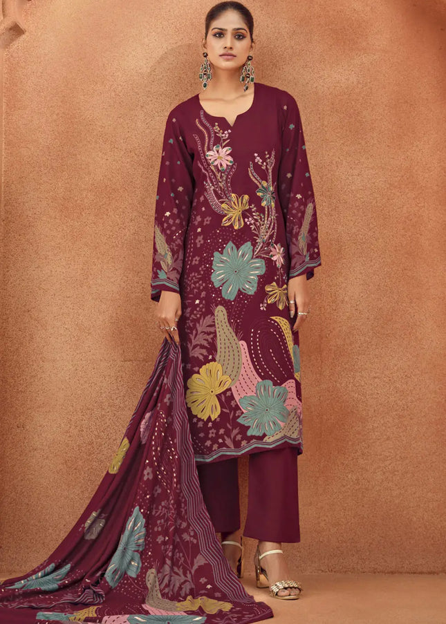 Maroon Multicolor Printed and Embroidered Pant Suit