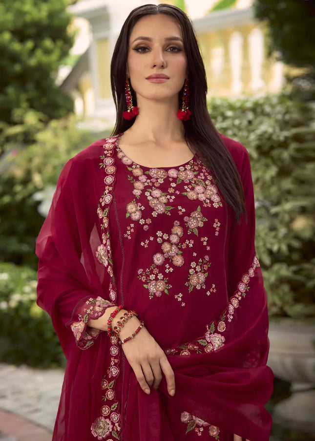 Maroon Embroidered Pant Style Suit