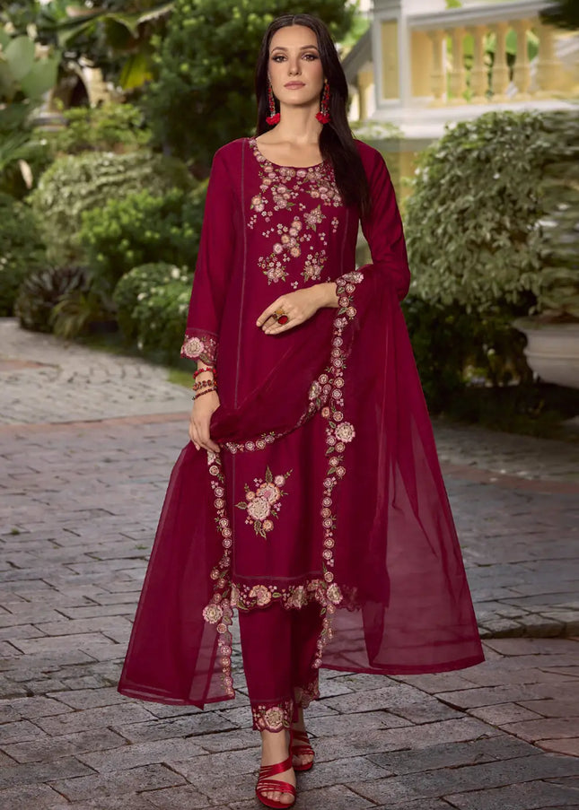 Maroon Embroidered Pant Style Suit