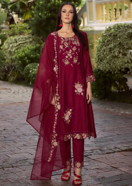 Maroon Embroidered Pant Style Suit