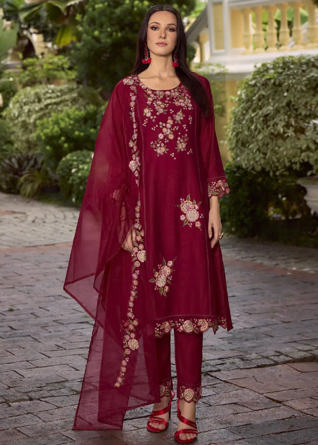 Maroon Embroidered Pant Style Suit