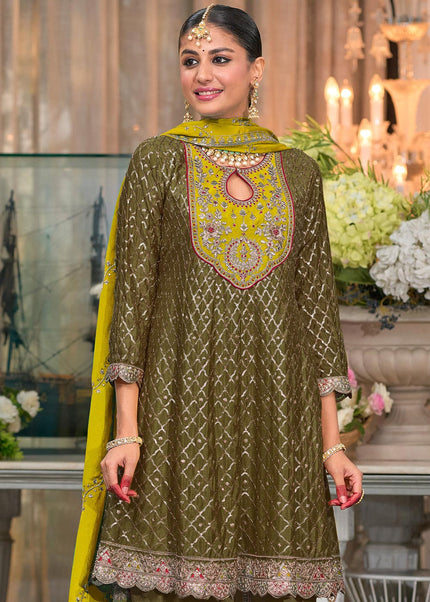 Mehendi Green Embroidered Dhoti Style Suit