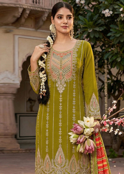 Green Printed Embroidered Dhoti Style Suit