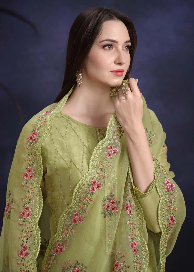 Green Embroidered Pant Suit