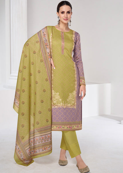 Green and Purple Embroidered Straight Suit