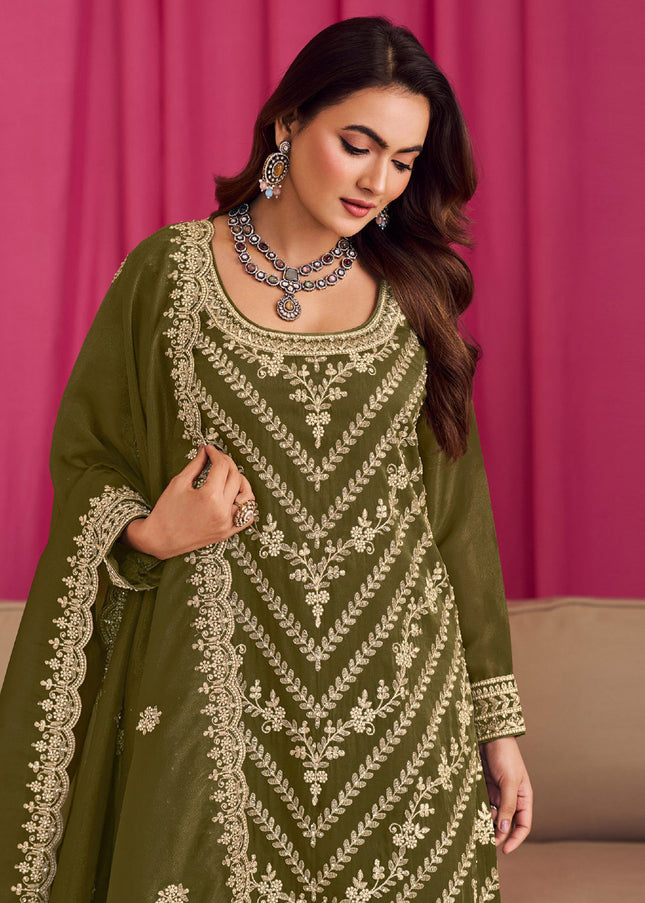 Green Embroidered Palazzo Suit