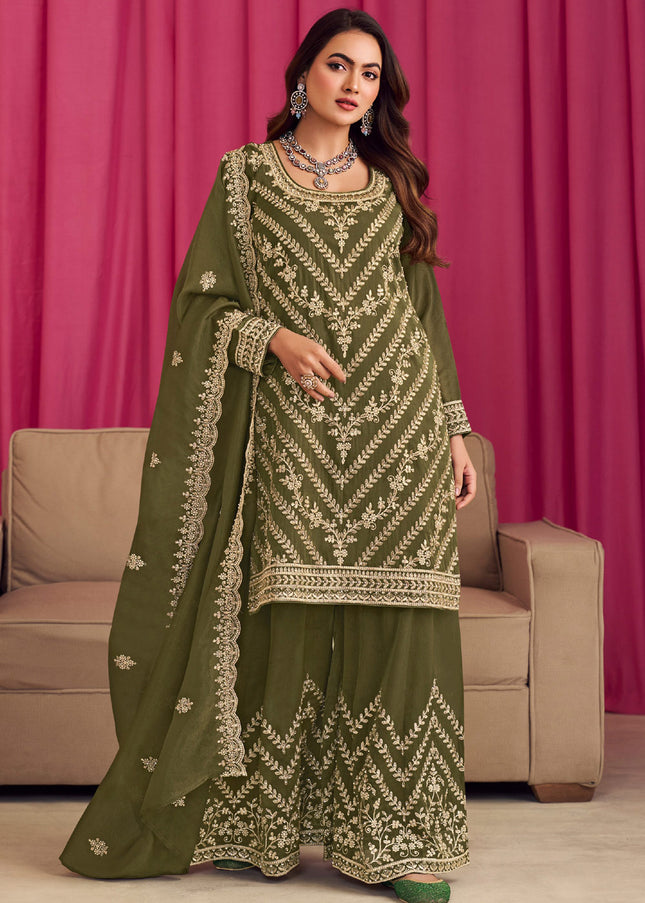 Green Embroidered Palazzo Suit