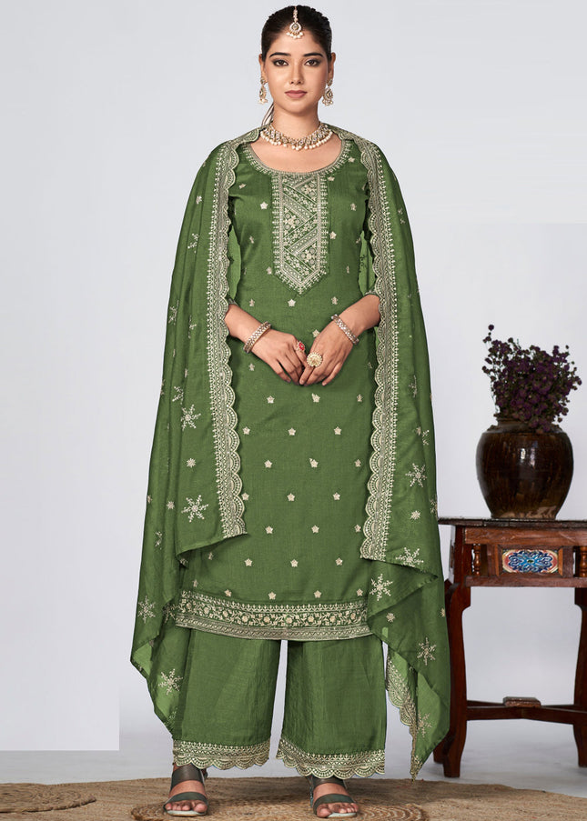 Green Multi Embroidered Pant Style Suit