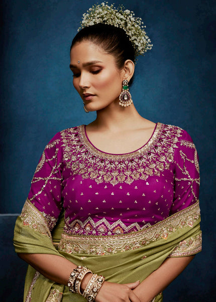 Green and Pink Embroidered Festive Saree