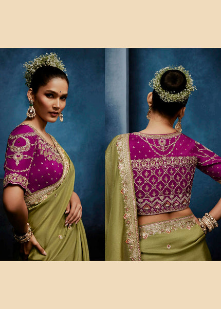 Green and Pink Embroidered Festive Saree
