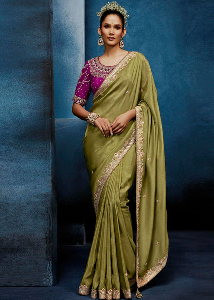 Green and Pink Embroidered Festive Saree