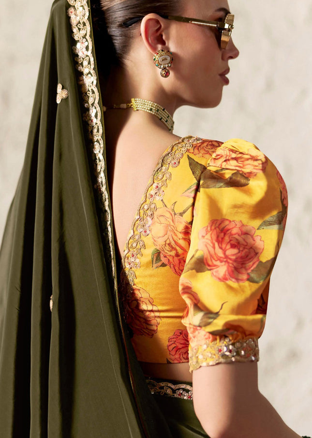 Green Printed and Embroidered Festive Saree