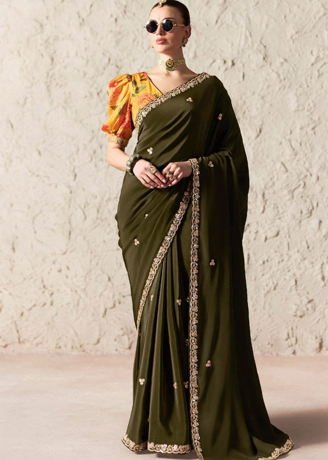 Green Printed and Embroidered Festive Saree