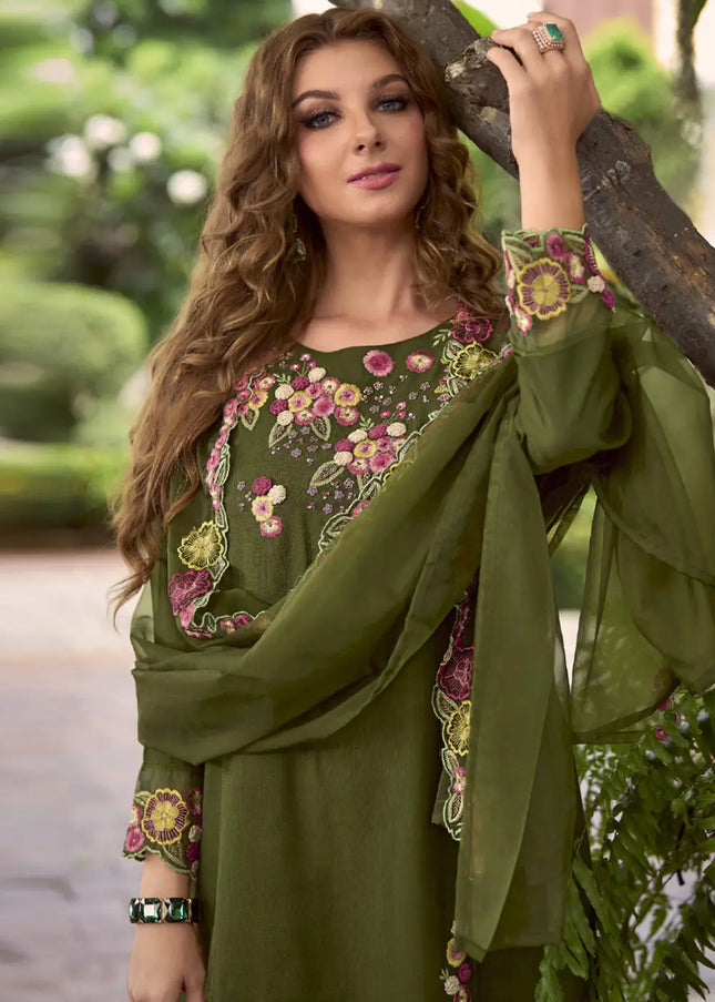 Green Embroidered Pant Style Suit