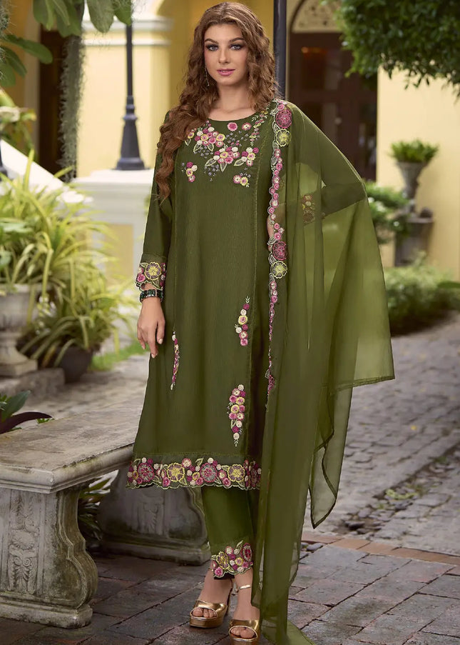 Green Embroidered Pant Style Suit