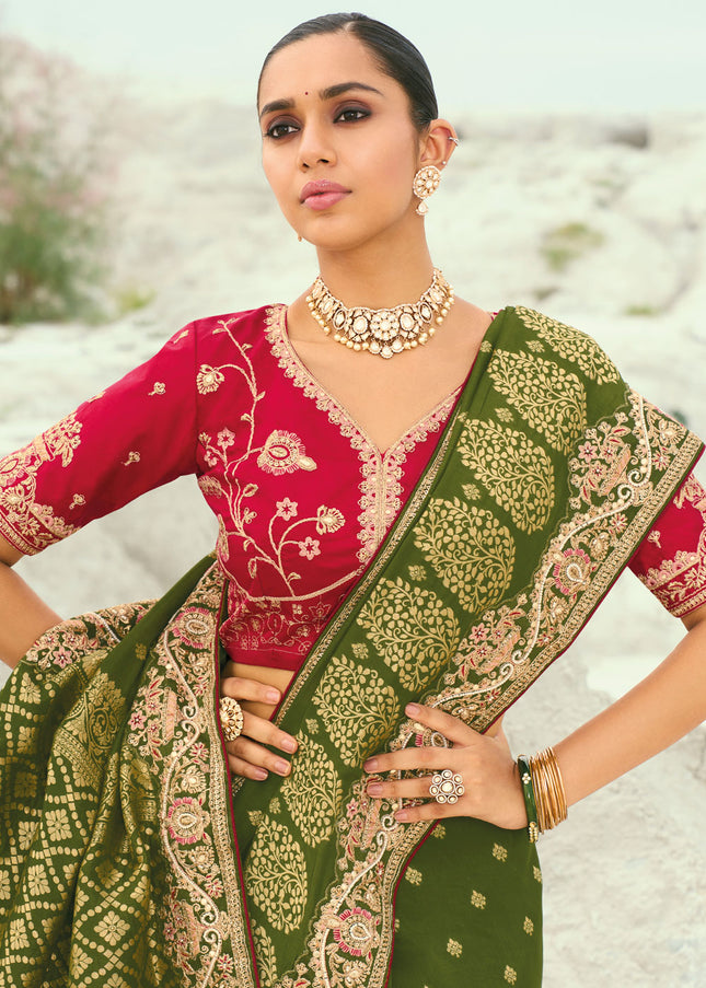 Red and Green Embroidered Saree