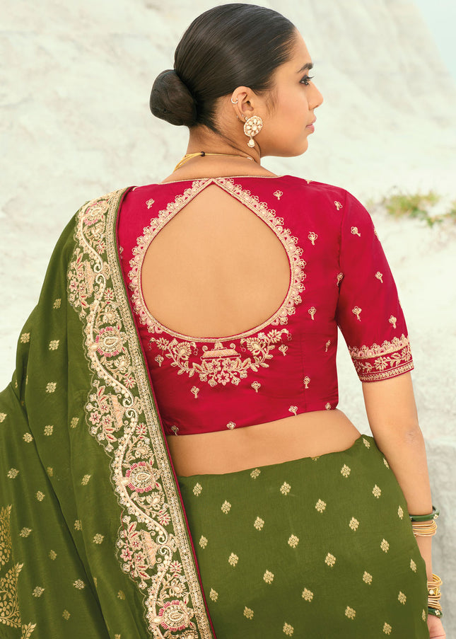 Red and Green Embroidered Saree