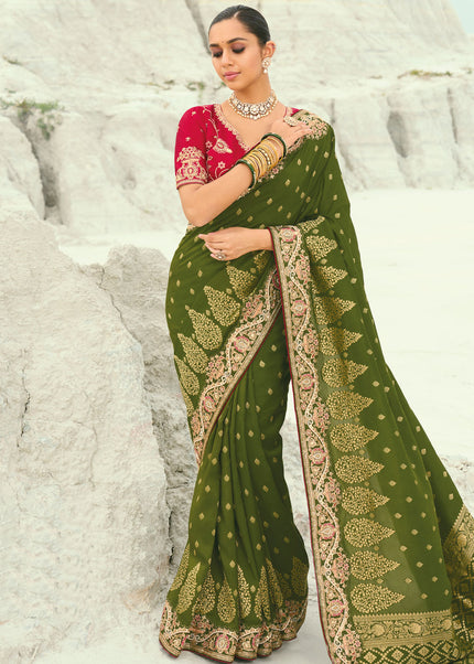 Red and Green Embroidered Saree