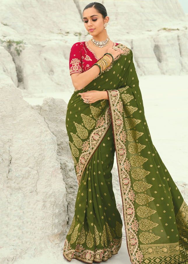 Red and Green Embroidered Saree