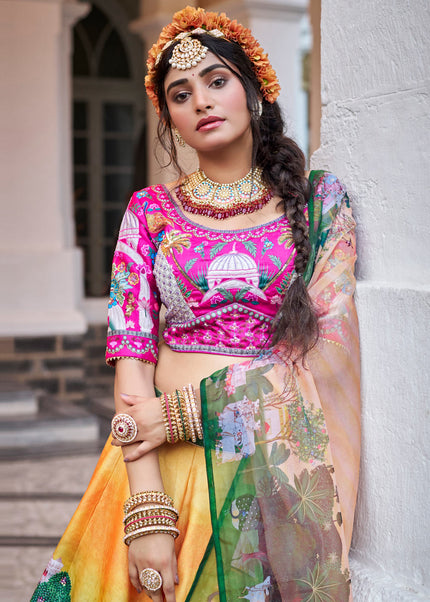Yellow and Pink Embroidered Lehenga Choli