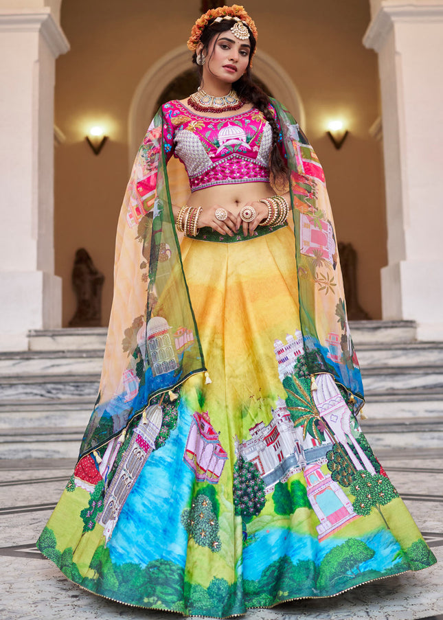Yellow and Pink Embroidered Lehenga Choli